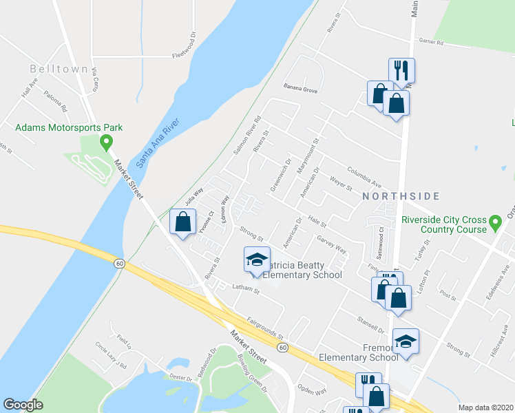 map of restaurants, bars, coffee shops, grocery stores, and more near 4396 Hale Street in Riverside