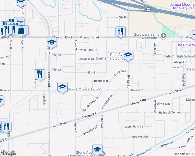 map of restaurants, bars, coffee shops, grocery stores, and more near 8458 45th Street in Riverside