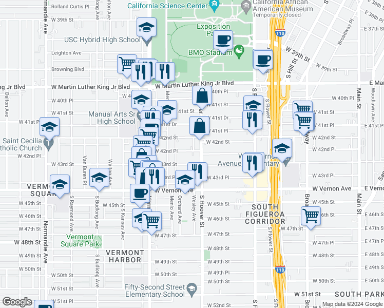 map of restaurants, bars, coffee shops, grocery stores, and more near 833 West 42nd Place in Los Angeles