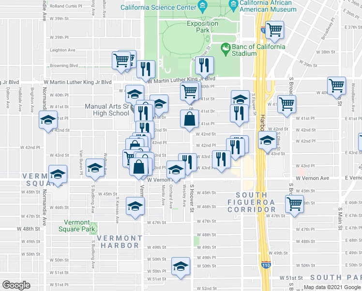 map of restaurants, bars, coffee shops, grocery stores, and more near 833 West 42nd Place in Los Angeles