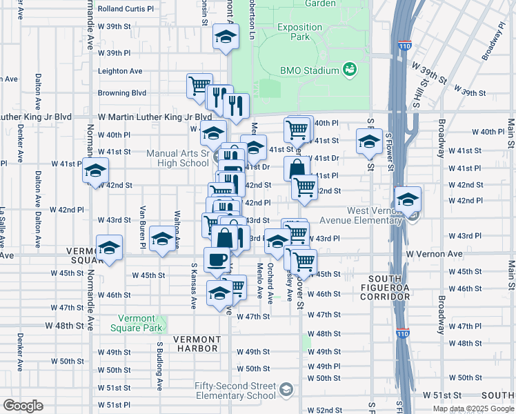map of restaurants, bars, coffee shops, grocery stores, and more near 4222 Menlo Avenue in Los Angeles