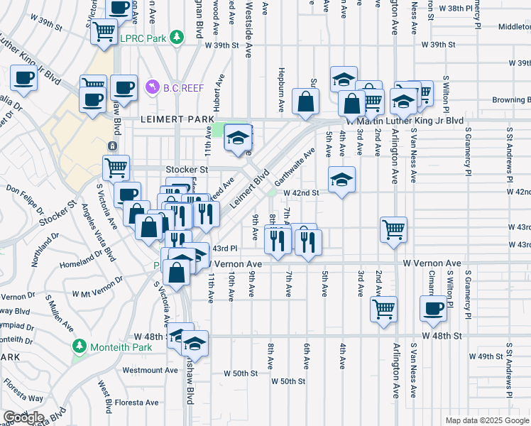 map of restaurants, bars, coffee shops, grocery stores, and more near 4227 8th Avenue in Los Angeles