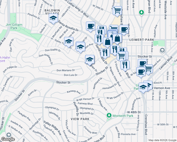 map of restaurants, bars, coffee shops, grocery stores, and more near 3839 Don Tomaso Drive in Los Angeles