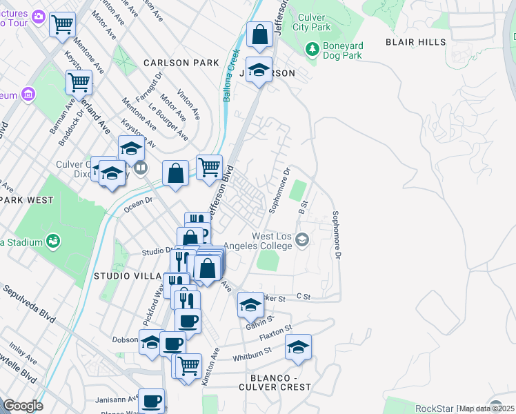map of restaurants, bars, coffee shops, grocery stores, and more near 5011 Stoney Creek Road in Culver City