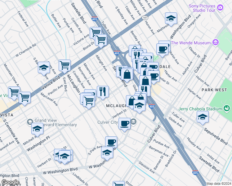 map of restaurants, bars, coffee shops, grocery stores, and more near 11358 Washington Place in Los Angeles