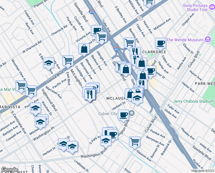map of restaurants, bars, coffee shops, grocery stores, and more near 3981 Bledsoe Avenue in Los Angeles