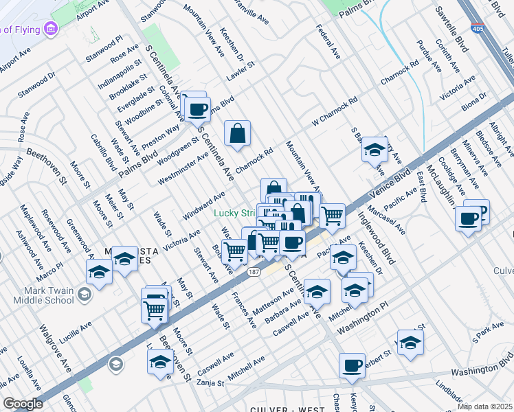 map of restaurants, bars, coffee shops, grocery stores, and more near 3658 South Centinela Avenue in Los Angeles