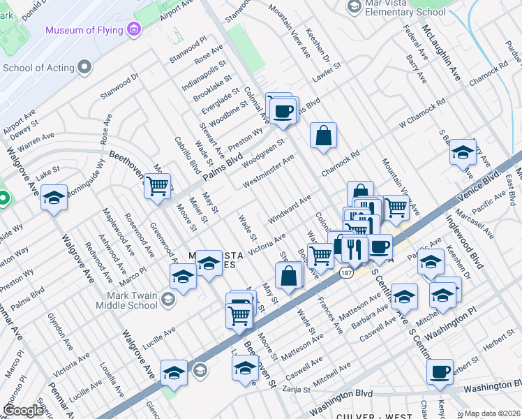 map of restaurants, bars, coffee shops, grocery stores, and more near 3600 Frances Avenue in Los Angeles