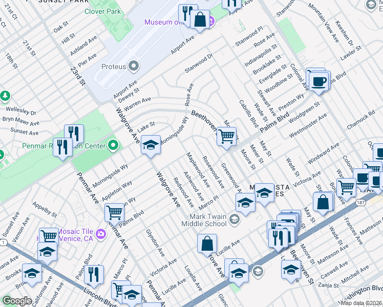 map of restaurants, bars, coffee shops, grocery stores, and more near 3445 Rosewood Avenue in Los Angeles