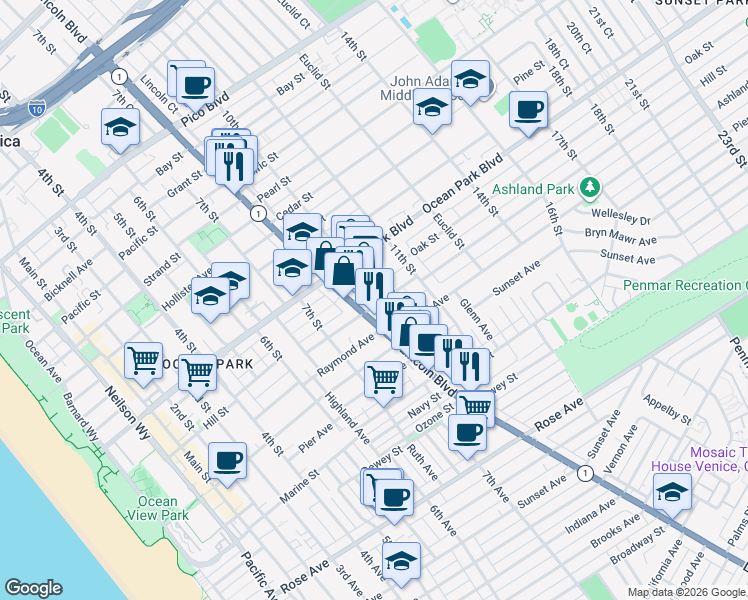 map of restaurants, bars, coffee shops, grocery stores, and more near 817 Hill Street in Santa Monica