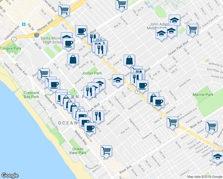 map of restaurants, bars, coffee shops, grocery stores, and more near 2520 7th Street in Santa Monica