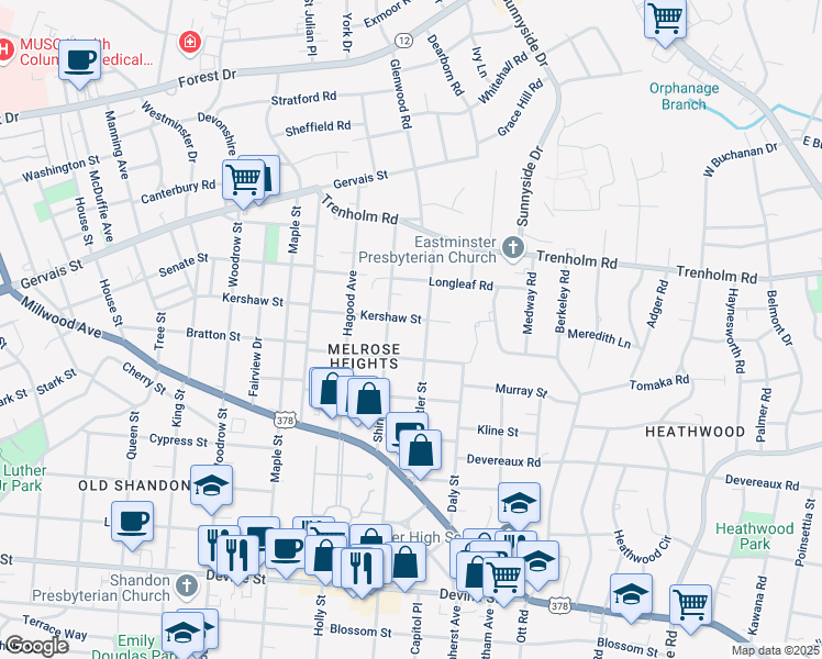 map of restaurants, bars, coffee shops, grocery stores, and more near 3030 Kershaw Street in Columbia