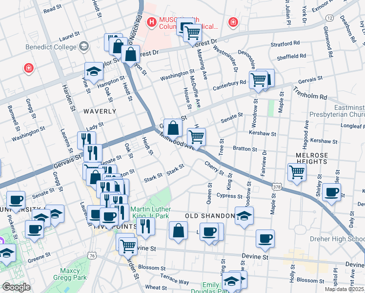 map of restaurants, bars, coffee shops, grocery stores, and more near 2459 Millwood Avenue in Columbia