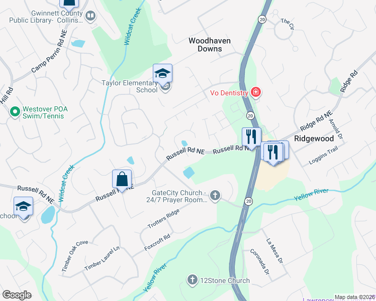 map of restaurants, bars, coffee shops, grocery stores, and more near 568 Russell Road in Lawrenceville
