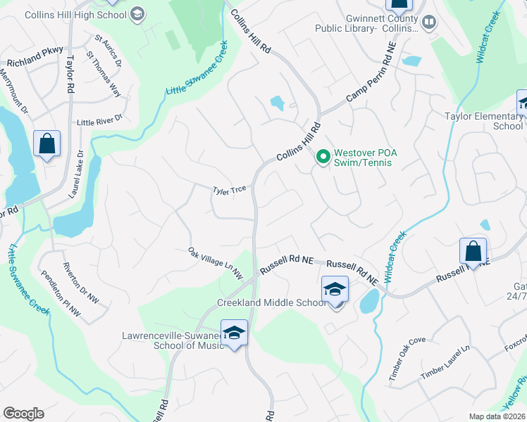 map of restaurants, bars, coffee shops, grocery stores, and more near 75 Foster Trace Drive in Lawrenceville