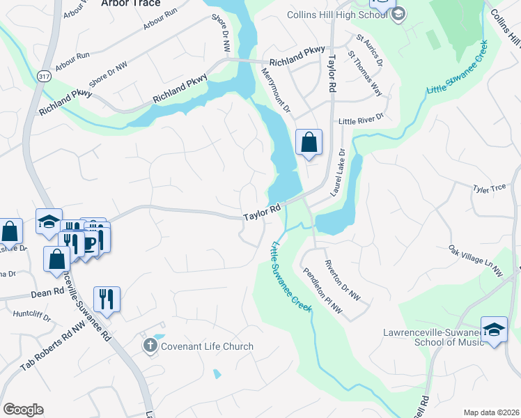 map of restaurants, bars, coffee shops, grocery stores, and more near 2035 Calmwater Court in Suwanee