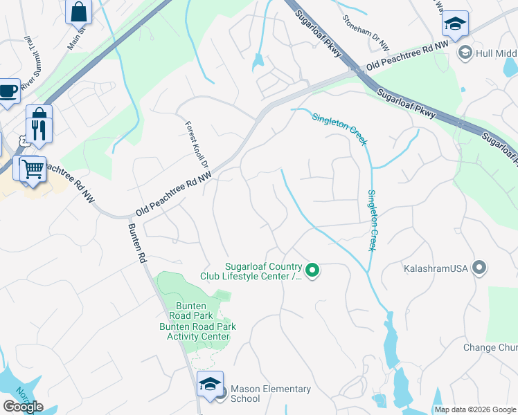 map of restaurants, bars, coffee shops, grocery stores, and more near 3650 Moye Trail in Duluth