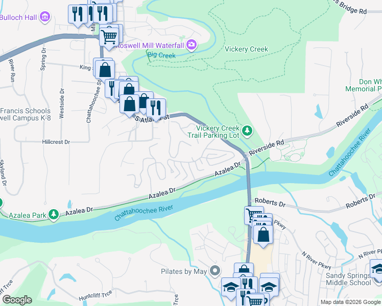 map of restaurants, bars, coffee shops, grocery stores, and more near 511 Warm Springs Circle in Roswell