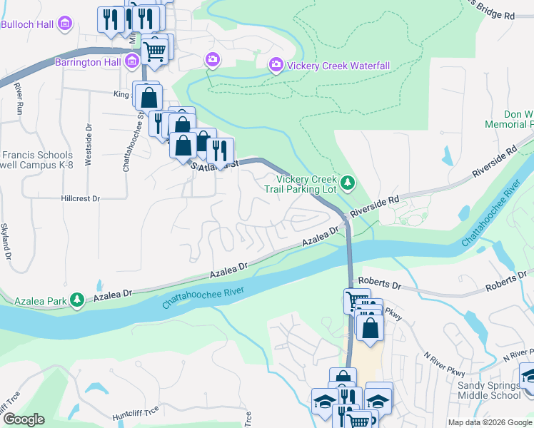 map of restaurants, bars, coffee shops, grocery stores, and more near 511 Warm Springs Circle in Roswell