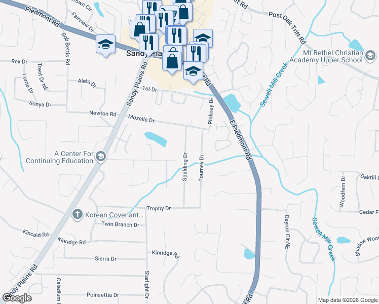 map of restaurants, bars, coffee shops, grocery stores, and more near 2240 Spalding Drive in Marietta