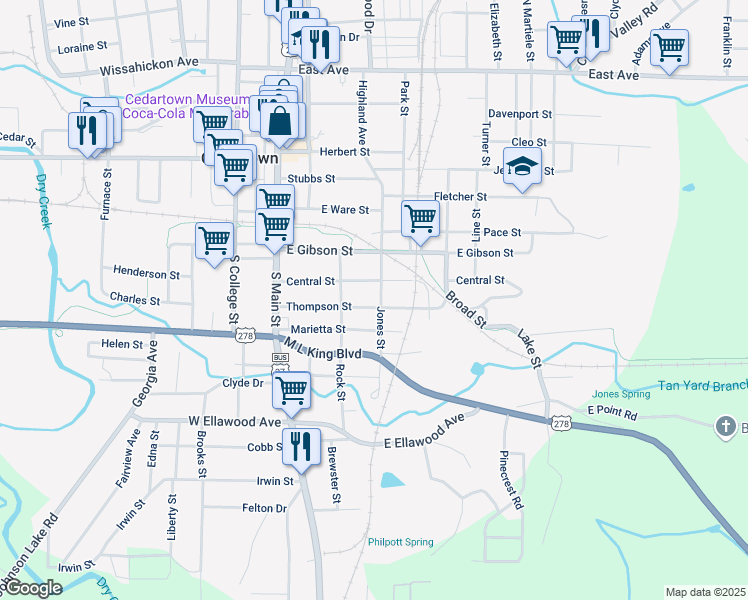 map of restaurants, bars, coffee shops, grocery stores, and more near 716 Jones Street in Cedartown