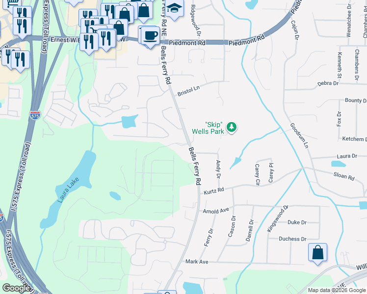 map of restaurants, bars, coffee shops, grocery stores, and more near 2247 Bells Ferry Road in Marietta