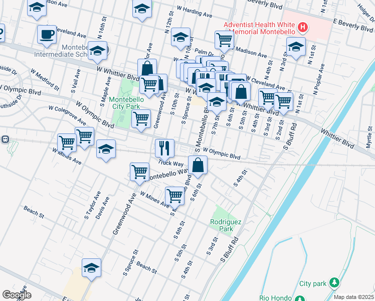map of restaurants, bars, coffee shops, grocery stores, and more near 815 West Olympic Boulevard in Montebello