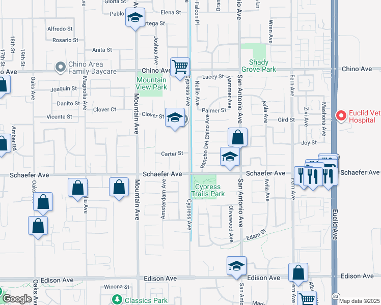 map of restaurants, bars, coffee shops, grocery stores, and more near Cypress Creek Trail in Chino