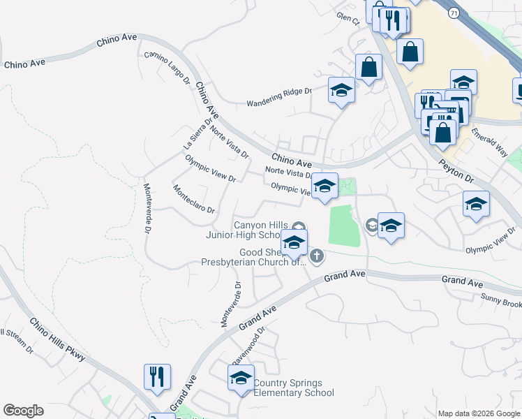 map of restaurants, bars, coffee shops, grocery stores, and more near 13568 Monte Royale Drive in Chino Hills