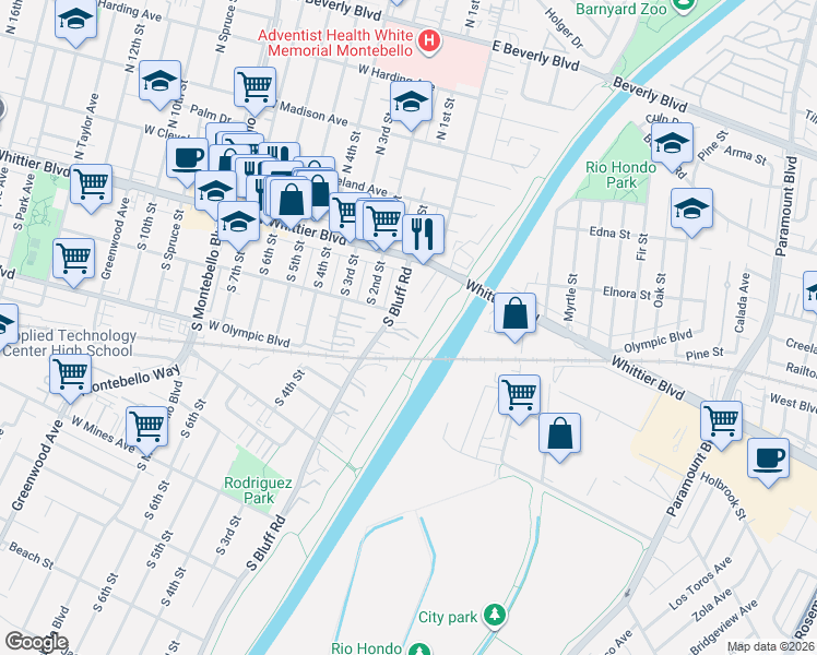 map of restaurants, bars, coffee shops, grocery stores, and more near 146 South Bluff Road in Montebello