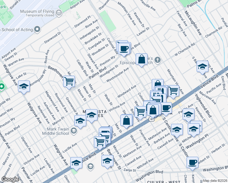 map of restaurants, bars, coffee shops, grocery stores, and more near 3604 Stewart Avenue in Los Angeles