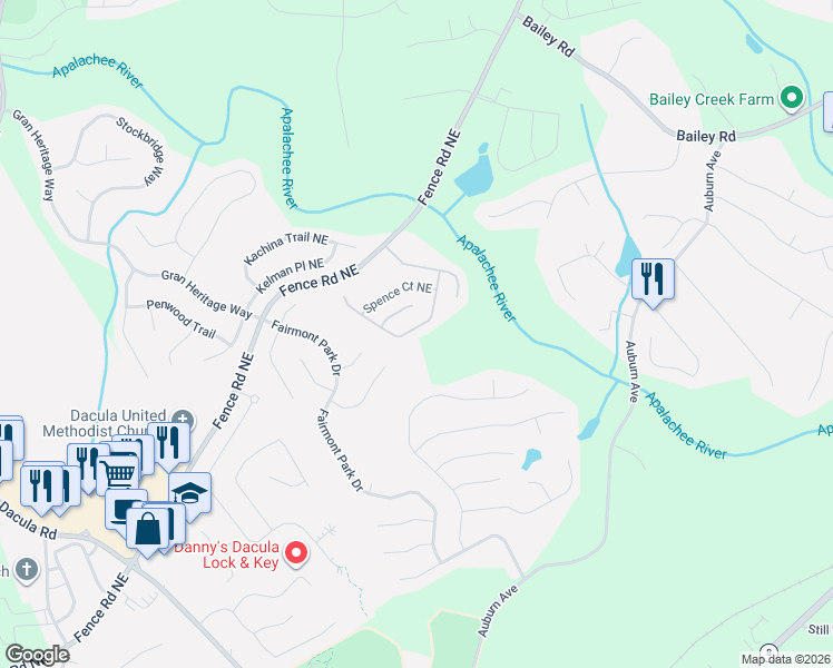 map of restaurants, bars, coffee shops, grocery stores, and more near 2760 Austin Ridge Drive Northeast in Dacula