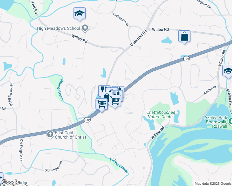 map of restaurants, bars, coffee shops, grocery stores, and more near 4040 Connolly Court in Roswell