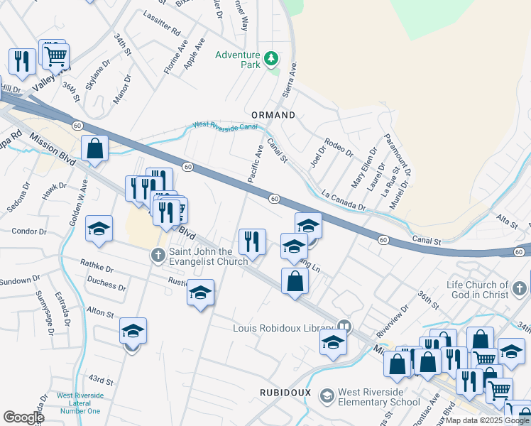 map of restaurants, bars, coffee shops, grocery stores, and more near 6056 Humble Street in Riverside