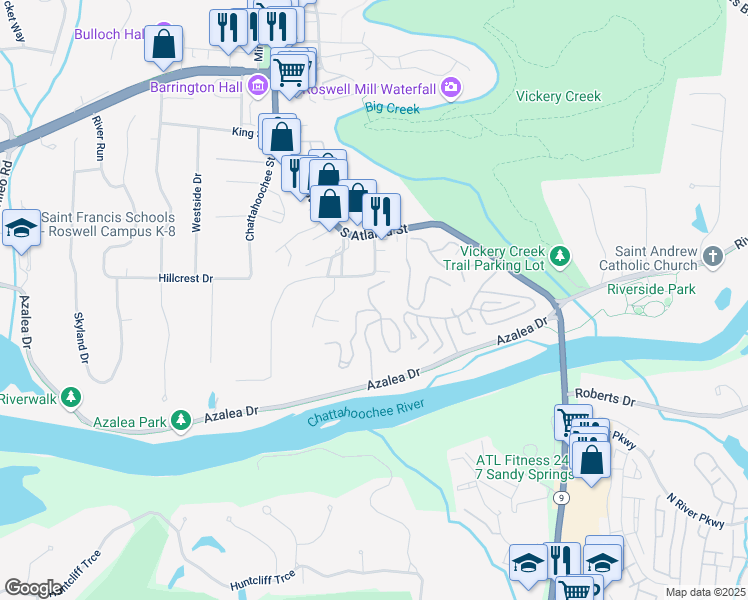 map of restaurants, bars, coffee shops, grocery stores, and more near 305 River Glen Drive in Roswell