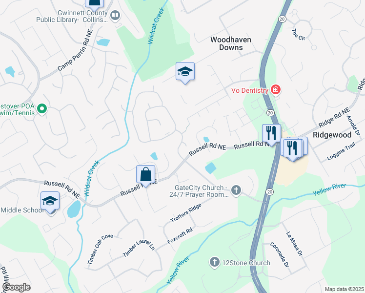 map of restaurants, bars, coffee shops, grocery stores, and more near 479 Rising Sun Path in Lawrenceville
