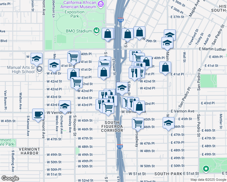 map of restaurants, bars, coffee shops, grocery stores, and more near 4239 South Flower Street in Los Angeles
