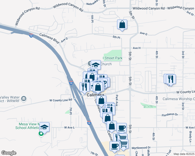 map of restaurants, bars, coffee shops, grocery stores, and more near 34067 Avenue J in Yucaipa