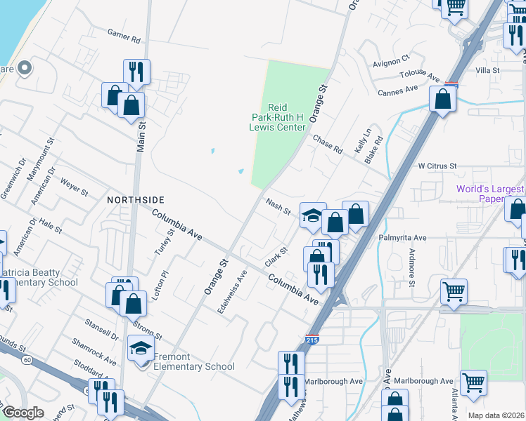 map of restaurants, bars, coffee shops, grocery stores, and more near 1054 Orange Street in Riverside
