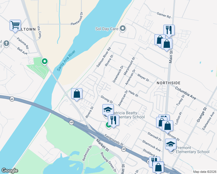 map of restaurants, bars, coffee shops, grocery stores, and more near 4396 Hale Street in Riverside