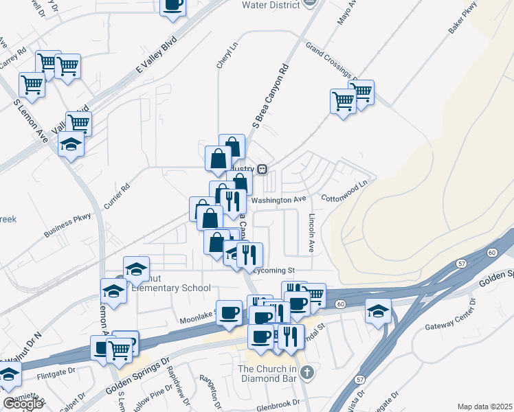 map of restaurants, bars, coffee shops, grocery stores, and more near 751 Windwood Drive in Walnut