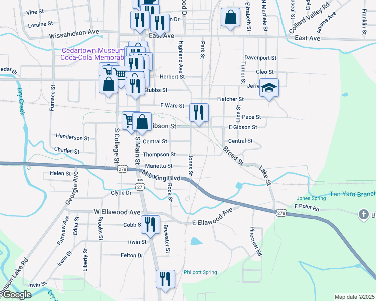 map of restaurants, bars, coffee shops, grocery stores, and more near 716 Jones Street in Cedartown