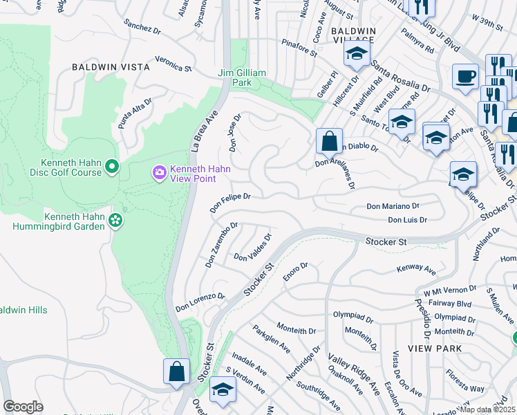 map of restaurants, bars, coffee shops, grocery stores, and more near 4501 Don Miguel Drive in Los Angeles