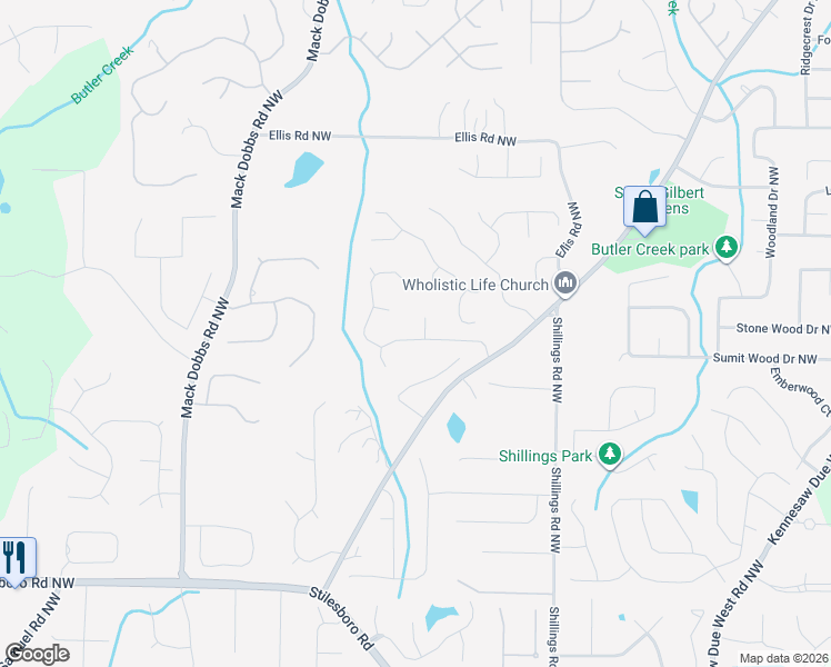 map of restaurants, bars, coffee shops, grocery stores, and more near 2001 Sunridge Court Northwest in Kennesaw