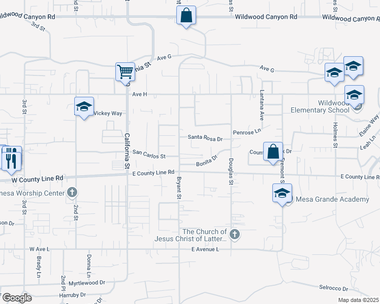 map of restaurants, bars, coffee shops, grocery stores, and more near 35339 San Pablo Drive in Yucaipa