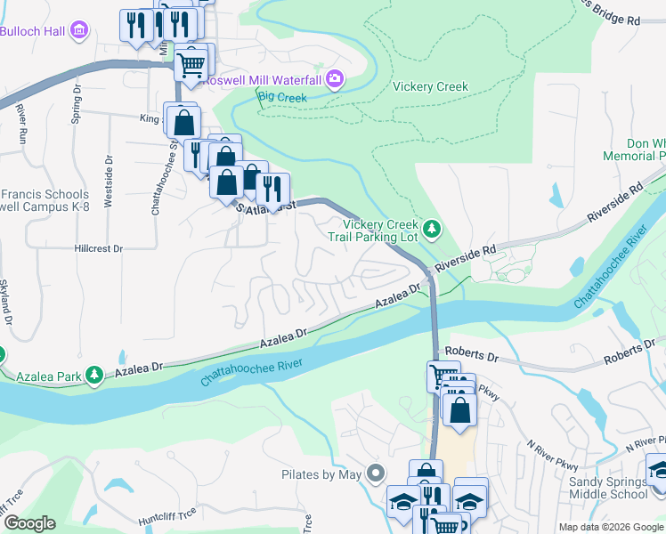 map of restaurants, bars, coffee shops, grocery stores, and more near 511 Warm Springs Circle in Roswell