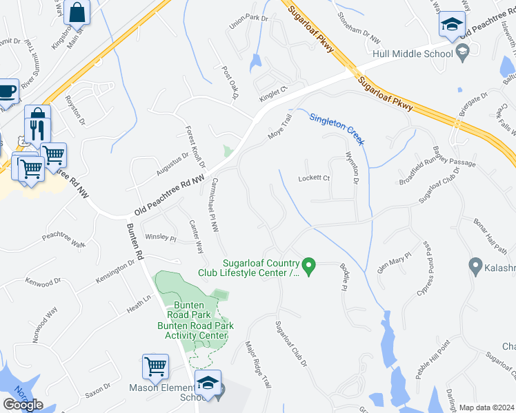 map of restaurants, bars, coffee shops, grocery stores, and more near 3650 Moye Trail in Duluth