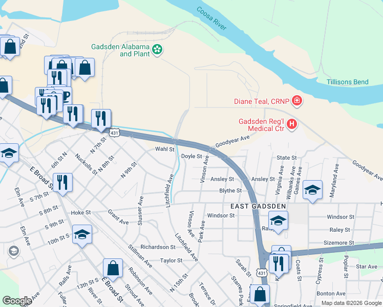 map of restaurants, bars, coffee shops, grocery stores, and more near 510 Doyle Street in Gadsden