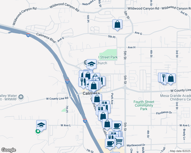 map of restaurants, bars, coffee shops, grocery stores, and more near 34093 Avenue J in Yucaipa