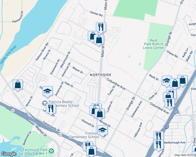 map of restaurants, bars, coffee shops, grocery stores, and more near in Riverside